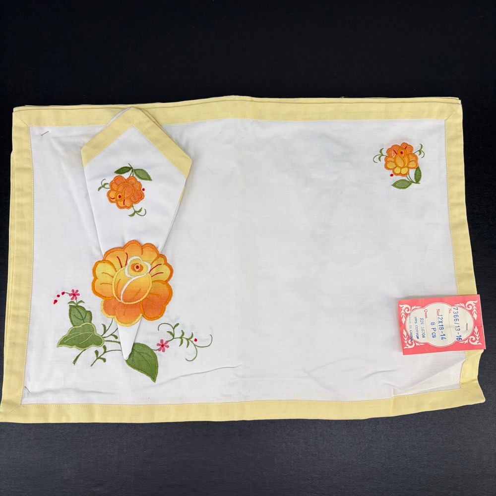 Vintage Handmade Placemat Napkin Set 8pc Floral Embroidered White Yellow Cotton